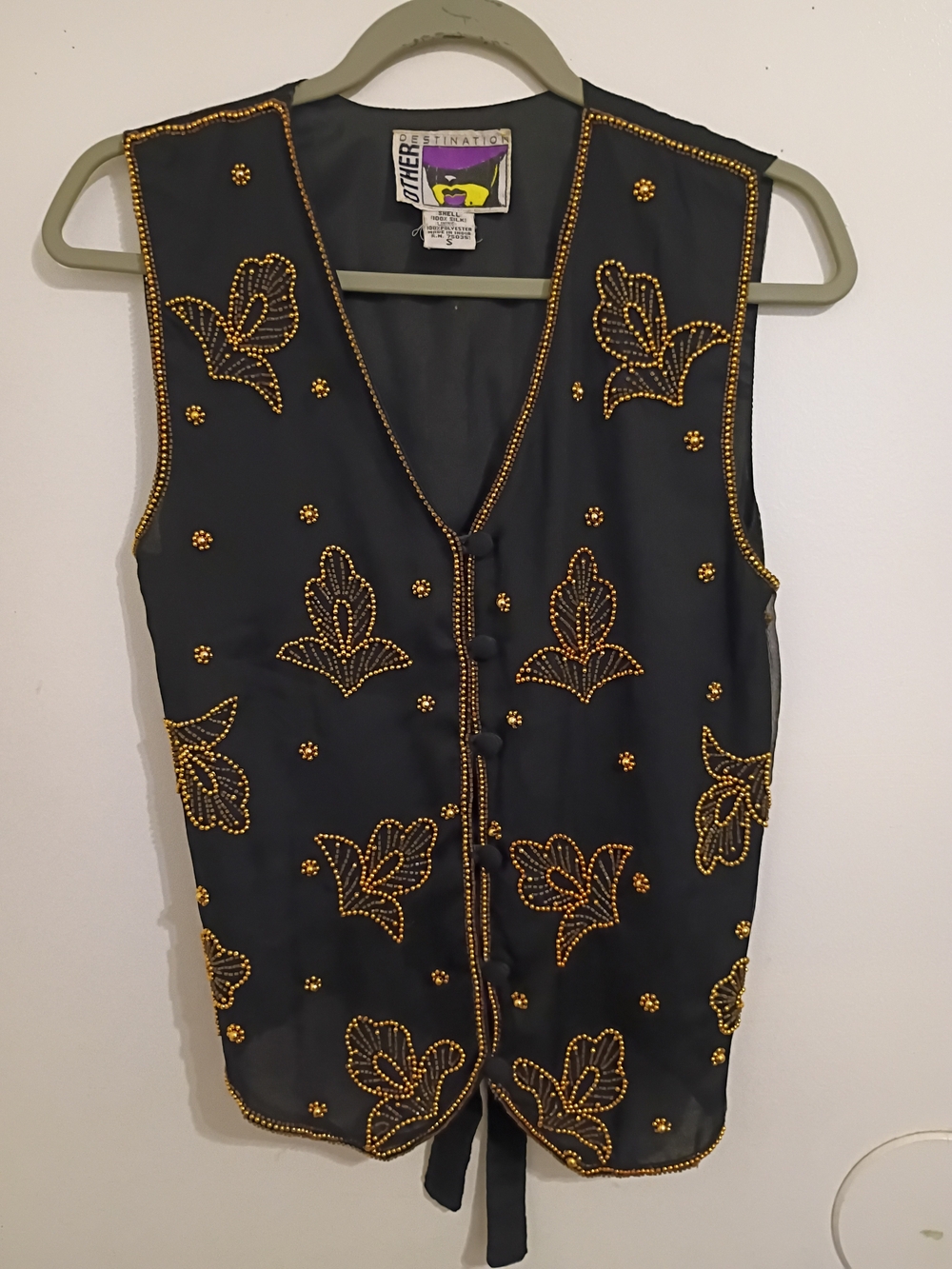 VTG Other Destination Women's Black Beaded Floral Vest Silk Sz S